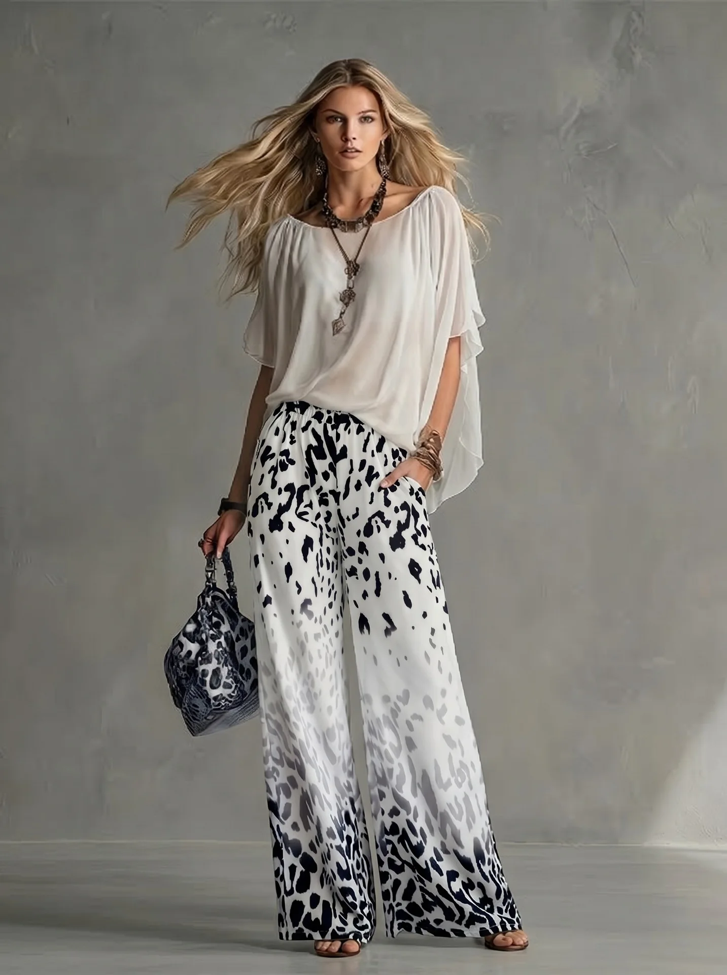 Women Fashion 2-Piece Outfit Flowy Batwing Sleeves Chiffon Blouse Gradient Leopard Print Wide Leg Pants Casual Summer Co-Ord Set
