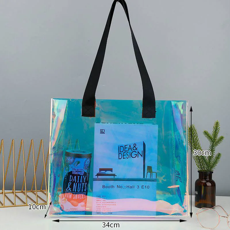 Holographic Clear PVC Tote Bag Custom Cartoon Print Iridescent Transparent Handbag for Gift Cosmetic Shopping Packaging view 4
