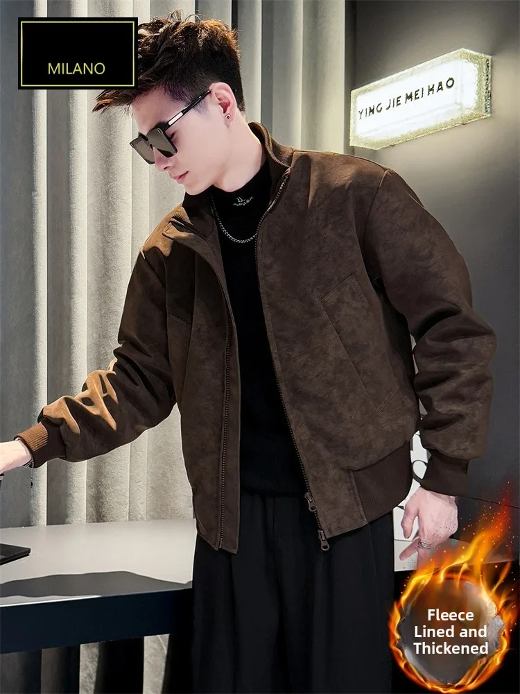 

Trendy Men's Winter Jacket Thickened Fleece Lined Pu Leather Cotton Casual Upperwear Zipper Closure Standard Fit Warmth Guara...