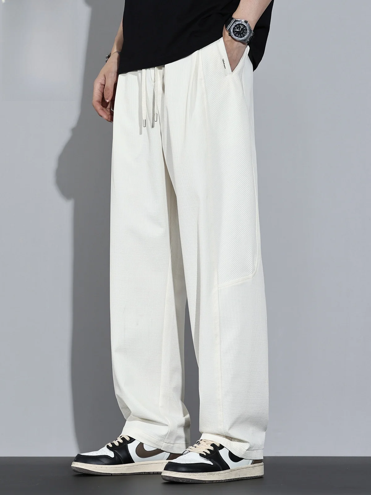 

Men's White Wide Leg Pants Summer Casual Straight Leg Sweatpants Drapey Comfortable Loose Fit Trousers for Youth