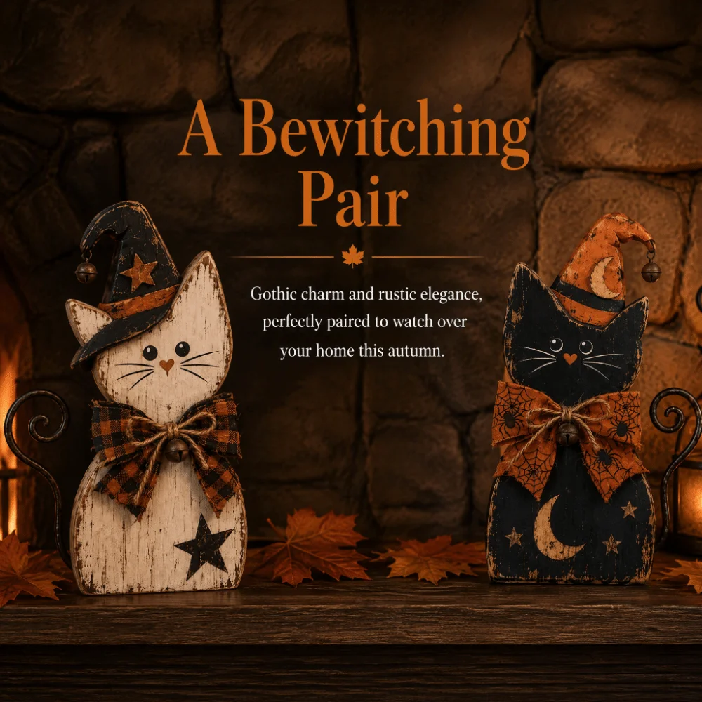 Vintage Witch Cat Decor Double Side Rustic Wooden Halloween Figurine Gothic Autumn Harvest Style Halloween Figurine Set