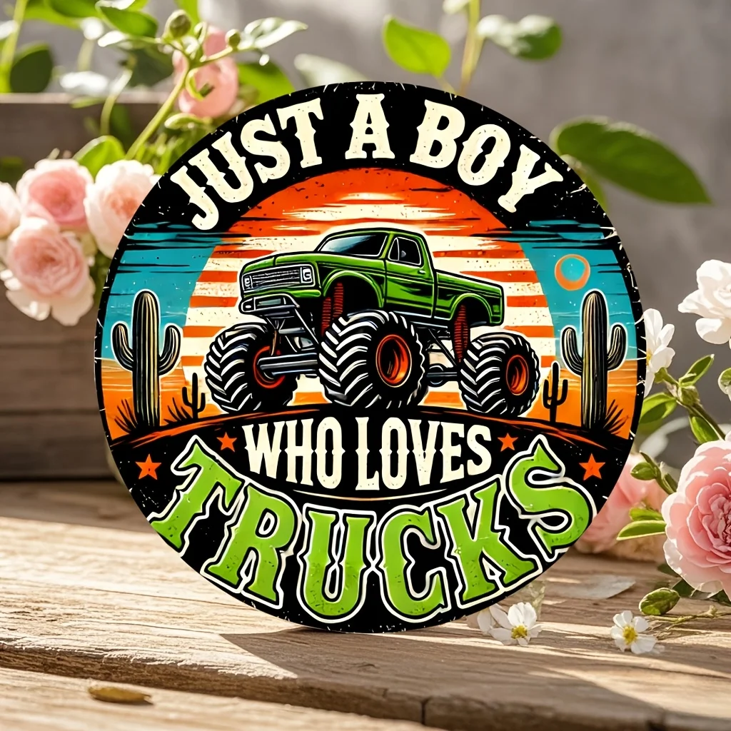 Vintage "Just a Boy Who Loves Trucks" Round Aluminum Metal Sign, 8x8 Inch Retro Wall Art with Monster Truck Design, Easy to Hang