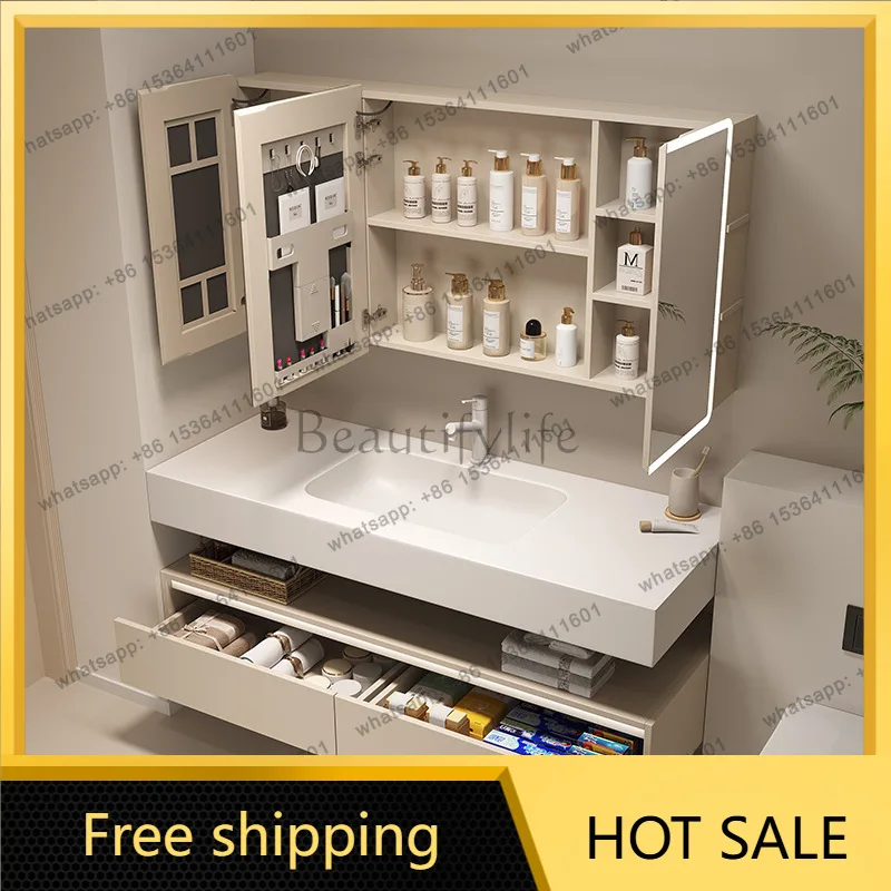 LDBathroom Vanity Double-layer Rock Slab Seamless Ceramic Basin Bathroom Cabinet Toilet Wash Basin Aluminum   2 Drawers Storage