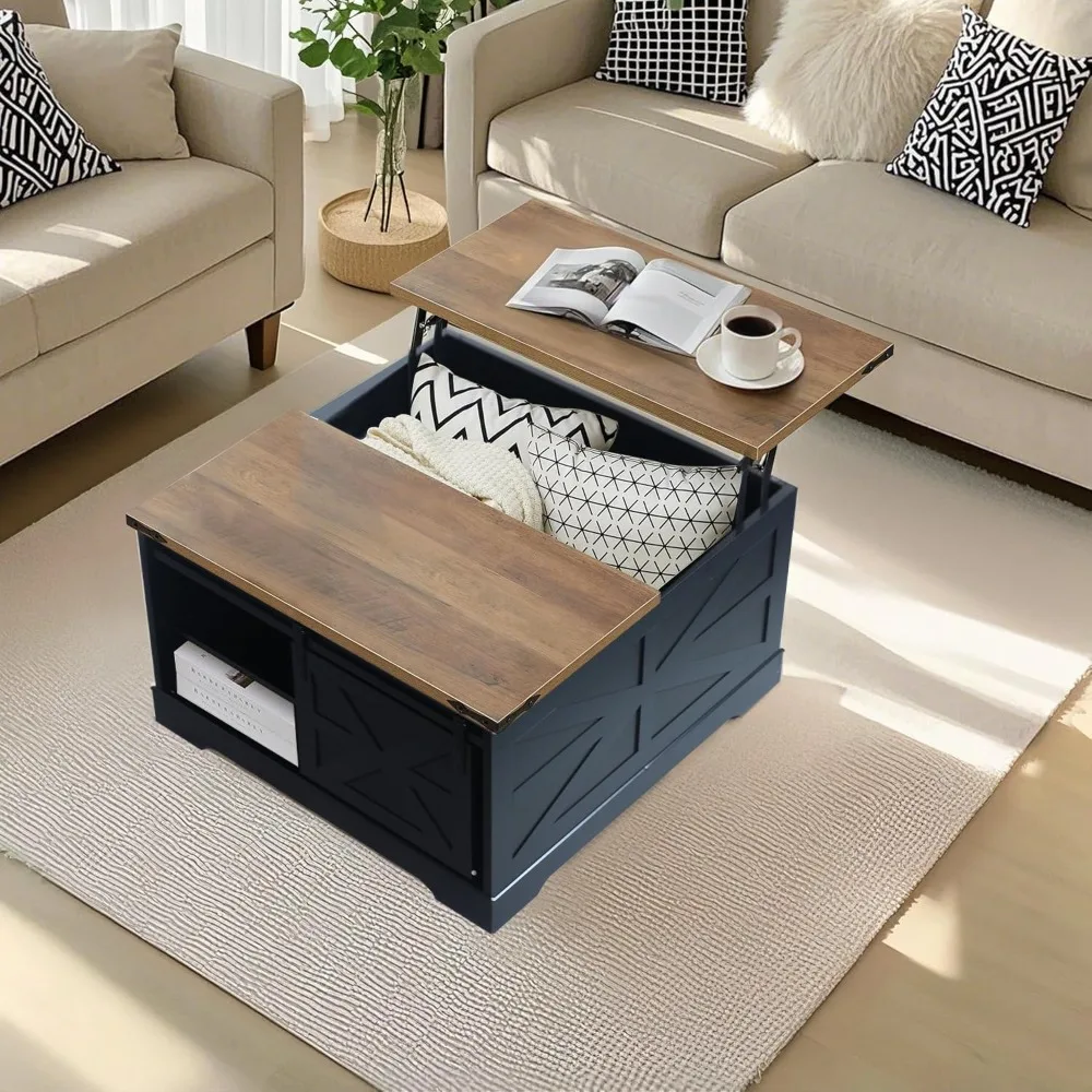 Farmhouse Lift Top Coffee Table with Hidden Storage Square Coffee Table Sliding Barn Door and Adjustable Shelf Rustic Wood Cente