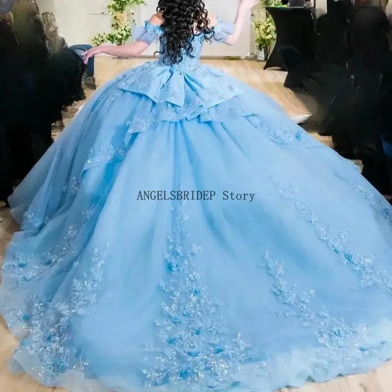 ANGELSBRIDEP Shiny Sky Blue Quinceanera Dresses 2025 Ball Gown Off Shoulder Appliques Bow Beads Tull Crystal 16 Dress Customized