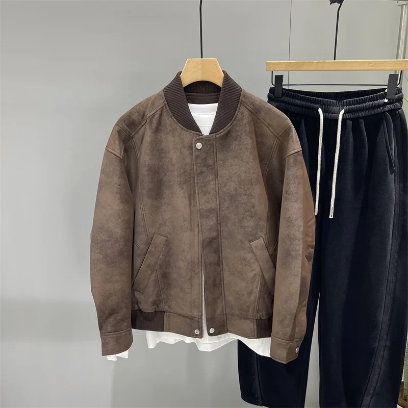 

Men's Baseball Collar Leather Jaet Distred Casual Sle Tie Dye Outerwear Faionable Autumn New Arrival PU Leather