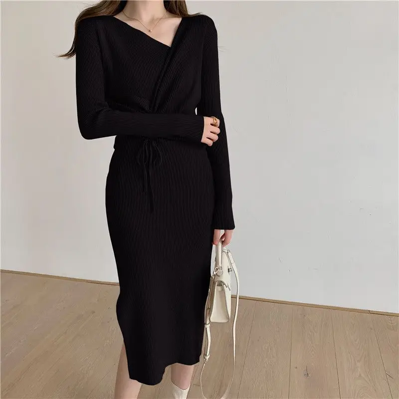 Women's Ruched Lace Up Elegant Chic Bodycon Ribbed Knitted Dresses Sexy V Neck Long Sleeve Solid Split Midi Dress Party Vestidos