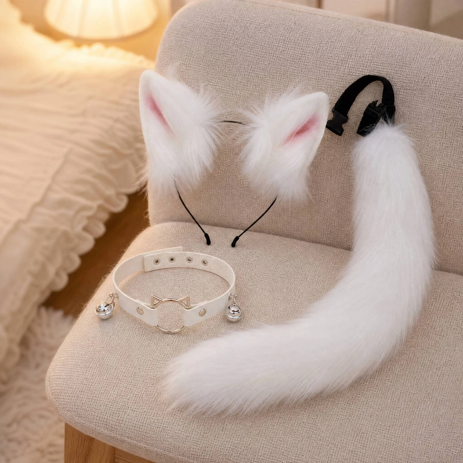 Cat Cosplay Accessory Set with Bells Plush Feline Ear Headband Tail Collar Set Plush Long for Cosplayers, Stage Performances