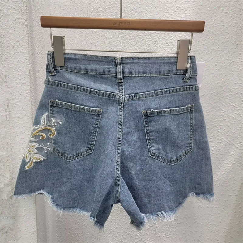 Summer Women's Beading Rhinestone Denim Shorts Retro Fashion Sequins Flowers Raw Edge Versatile Shorts New Female Hot Pants