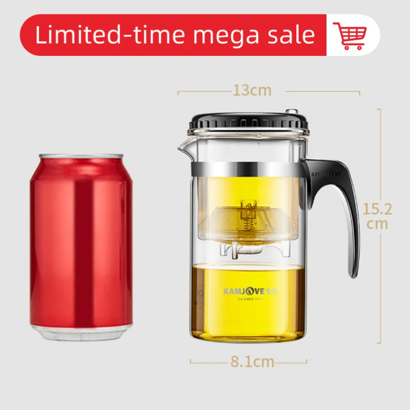 Tetera KAMJOVE 2026 con Separador de Té, 500 ml, Vidrio Resistente al Calor, Taza de Té Artística con Botón de Presión, Tetera Patentada con Filtro TP-160