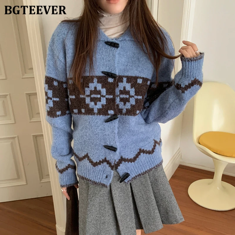 

BGTEEVER Vintage Loose Single-breasted Patchwork Jacquard Cardigans for Women Elegant Lapel Long Sleeve Female Knitted Sweaters