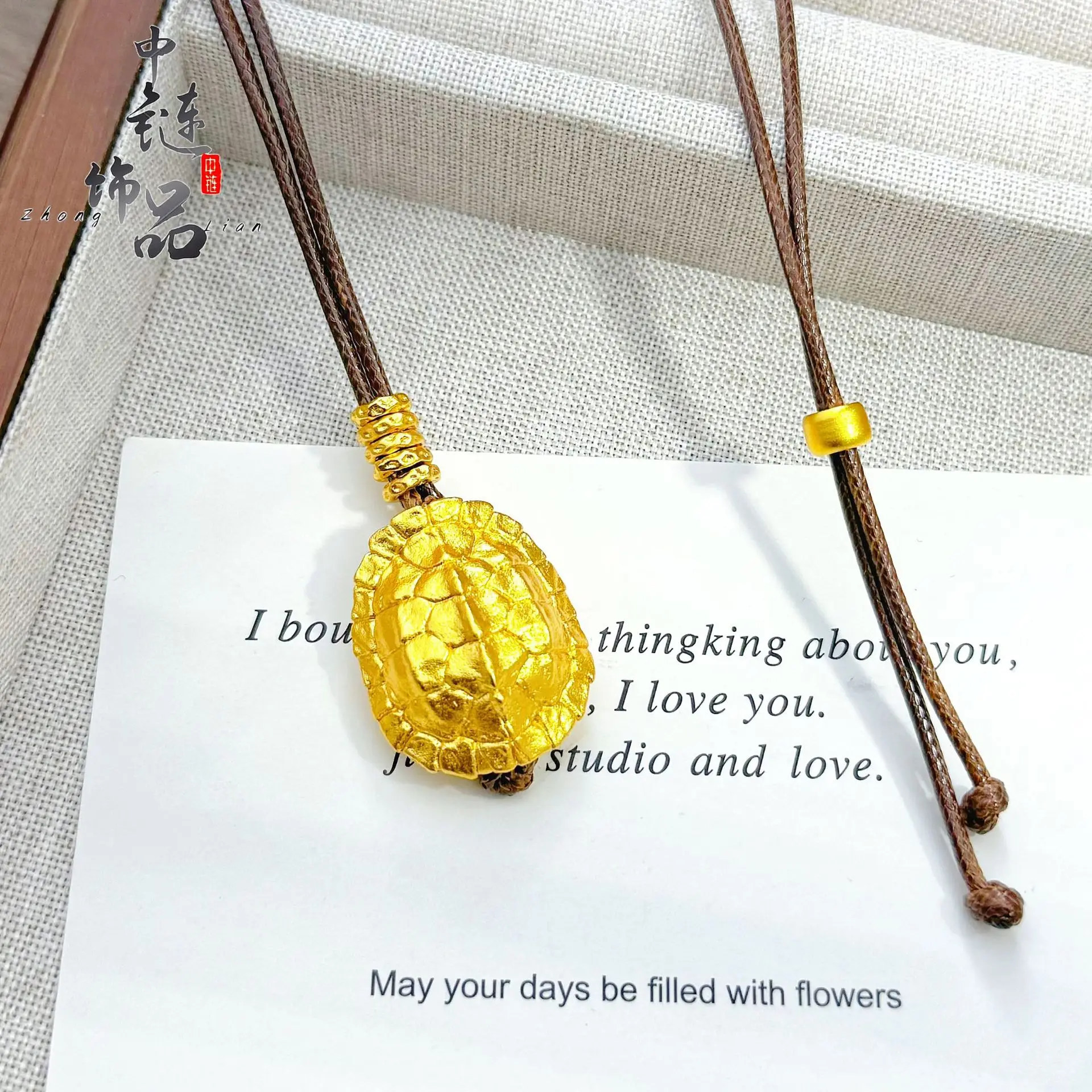 9999 gold necklace and bracelet made of turtle shell wrapped with leather string, wholesale available