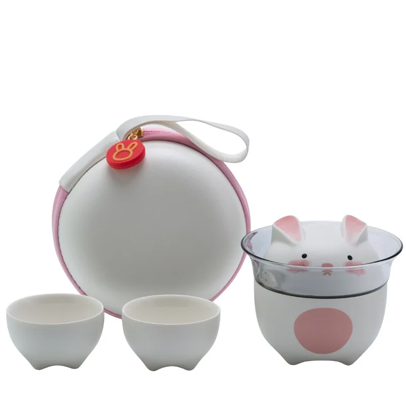 

Lucky Rabbit Travel Tea Set Portable Kung Fu Gift - 3 Cup Ceramic & Glass Nesting Set with Filter