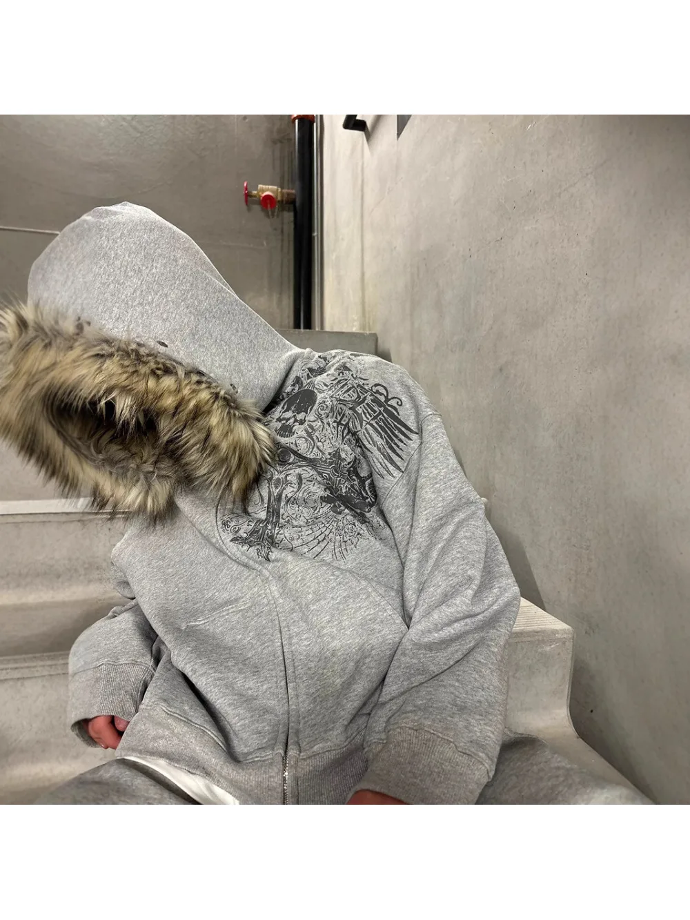 Y2K autumn and winter vintage printed plush hat hoodie, lazy and loose ins style American street jacket