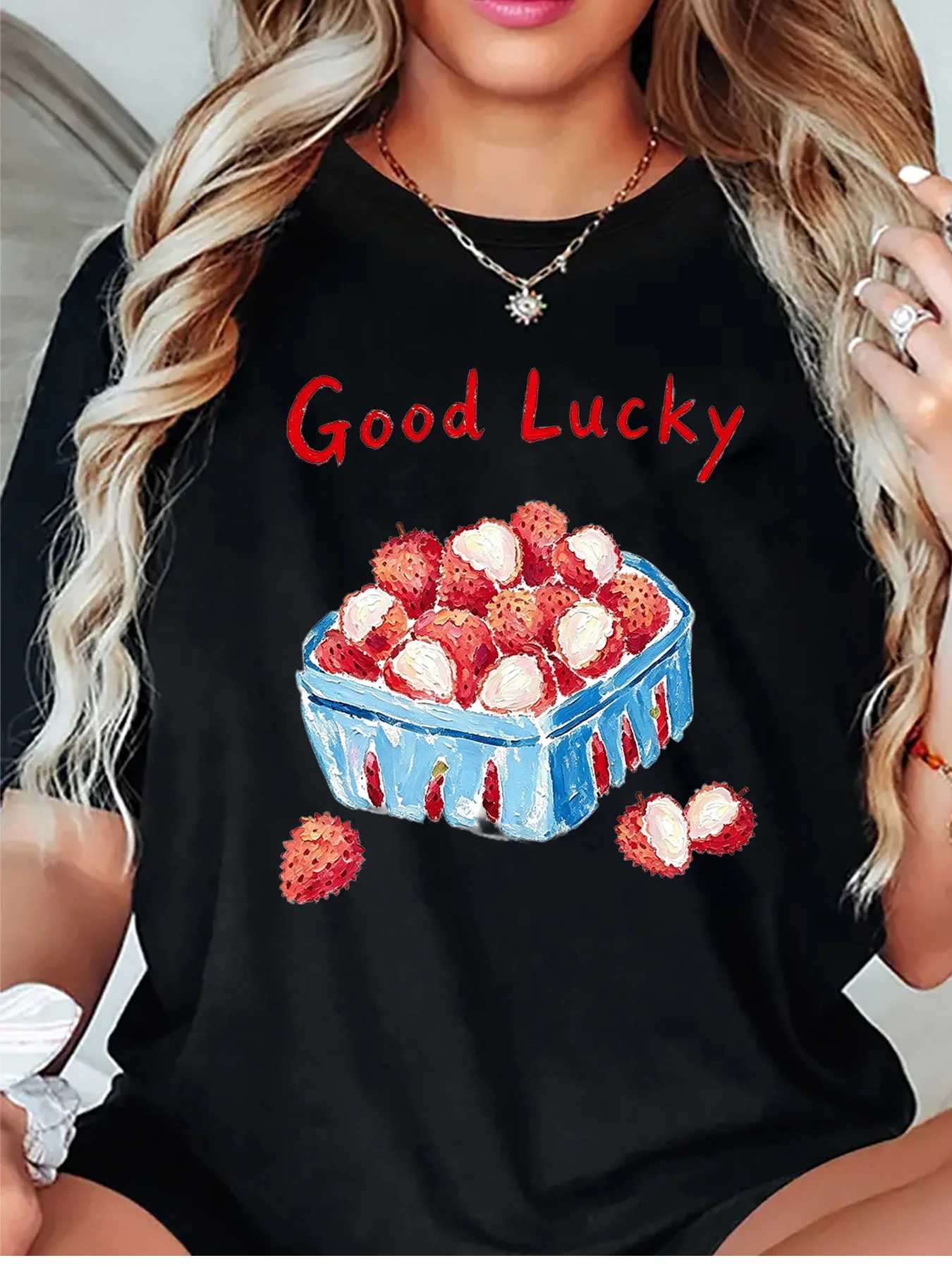 Good Lucky Fresh Lychee Fruit Box Summer Food Art Graphic Womens T Shirt Short Sleeve Crew Neck Daily Casual Ladies Tee Tops