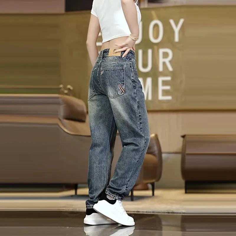 Retro Stitched Loose Fit Straight Leg Men's Jeans Fashionable Urban Casual Cotton Stretch-Free Washed Long Trousers