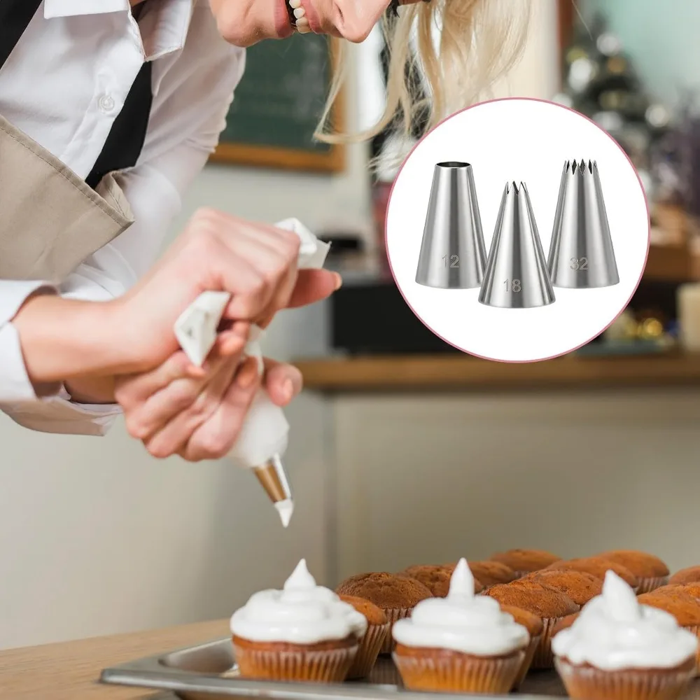 3-Piece Stainless Steel Open Star Icing Tip Set for Cupcake Piping and Dessert Decorating