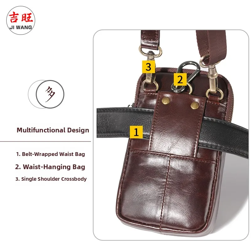 Men's Multi-Functional Slant Cross  Leather Mobile Phone Bag Wear-Resistant First Layer Cowhide Belt-On Waist Bag