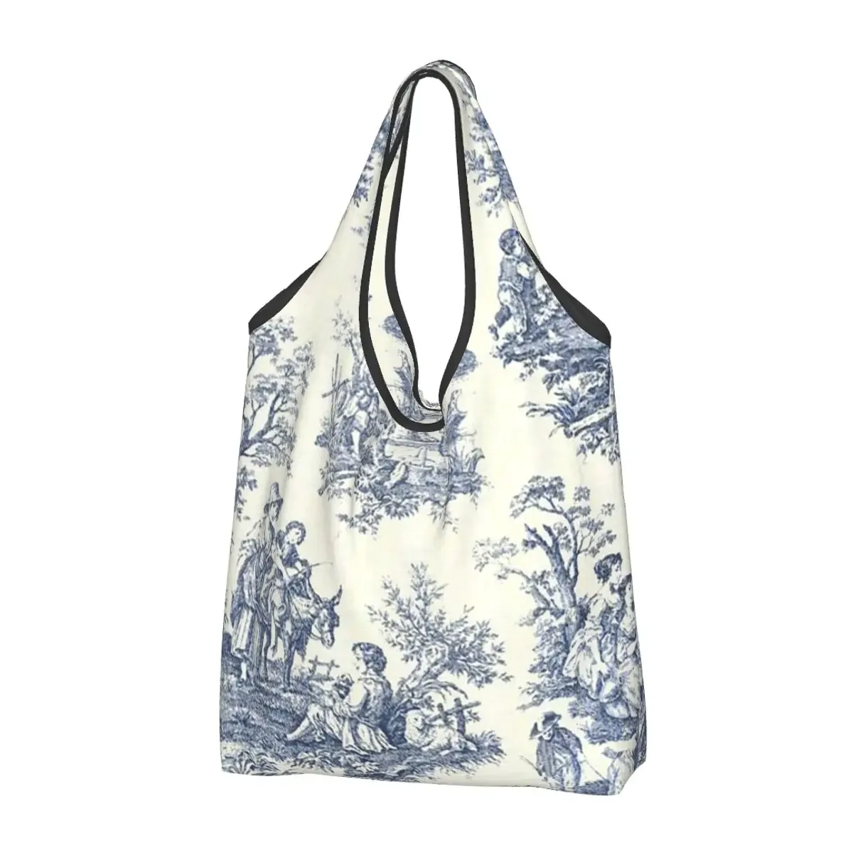 

Powder Blue French Toile Picnic Design Portable Tote Shopping Bags Foldable Shopper Bag Groceries Handbag Shoulder Bag