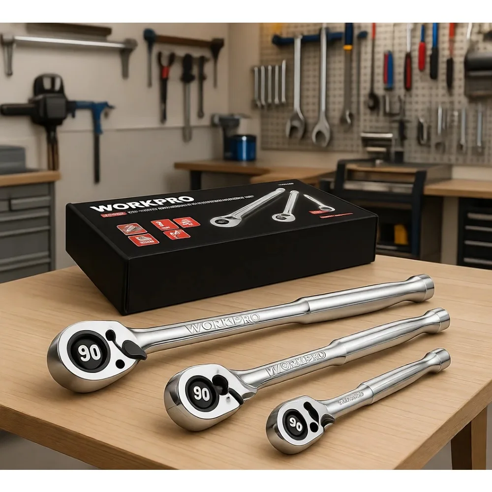 

3 Piece Low Profile Drive Ratchet Set 1 4 3 8 1 2 Inch 90 Tooth Quick Release Reversible CR MO Compact Head Full Polish