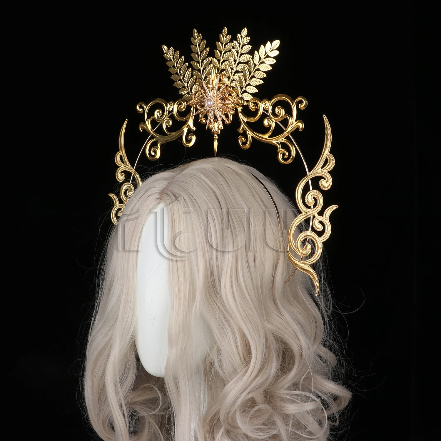 الذهب ورقة الشمس الشمس KC هالو عقال القوطية لوليتا تأثيري إكسسوارات الشعر الملكة الشمس آلهة الباروك المرأة تاج خوذة