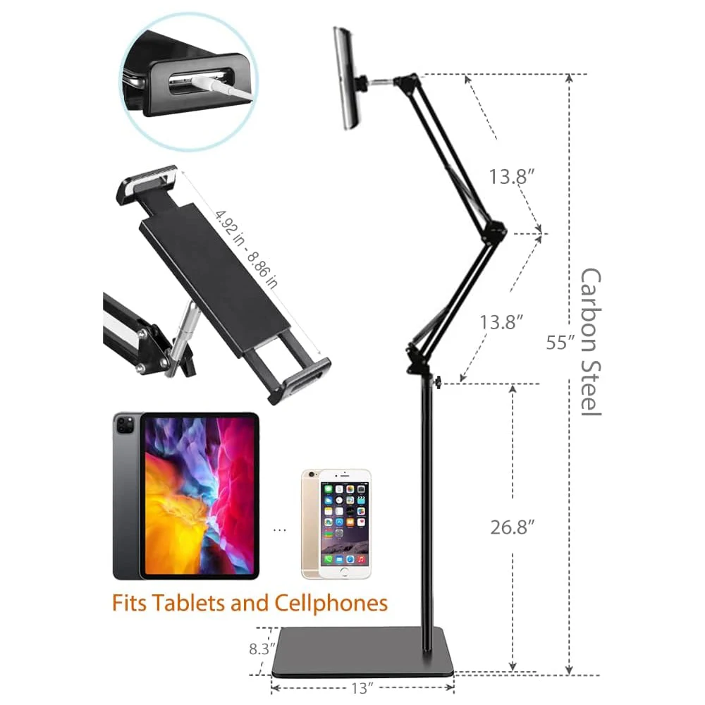 Tablet Floor Stand For iPad Air Xiaomi Pad Pro Kindle Samsung Mini 11 12.9 13 Inch Bed Phone Mount Height Adjustable Arm Holder