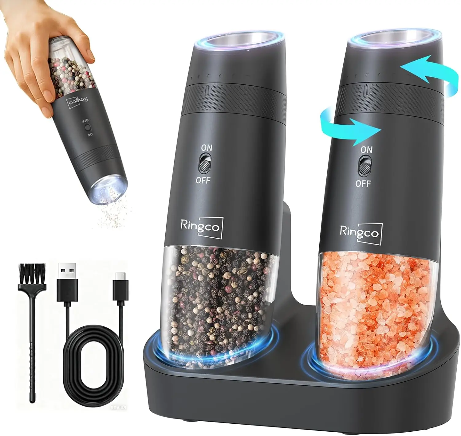 

Automatic Gravity Salt and Pepper Grinder Set with Charging Base, Adjustable Coarseness, LED Light, Large Capacity