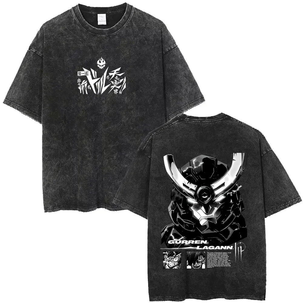 Anime Tengen Toppa Gurren Lagann Vintage Washed T-shirt Men Women Manga Casual Oversized T Shirts Men's Cartoon Retro Streetwear