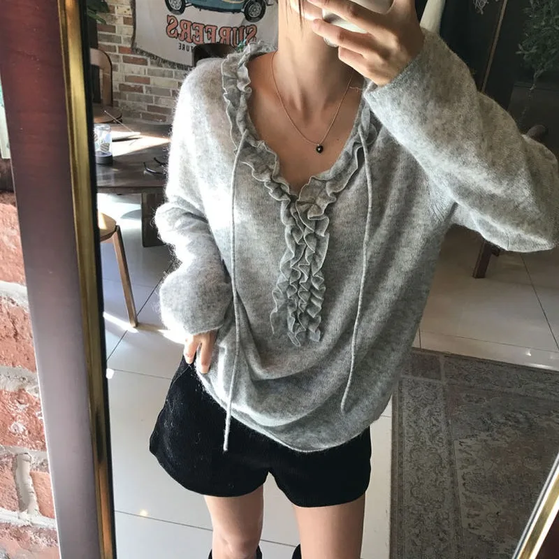 Autumn New Style Korean Style Knitted Shirt Ruffle Collar Sash Versatile Long Sleeve Polyester Casual Wear for Women