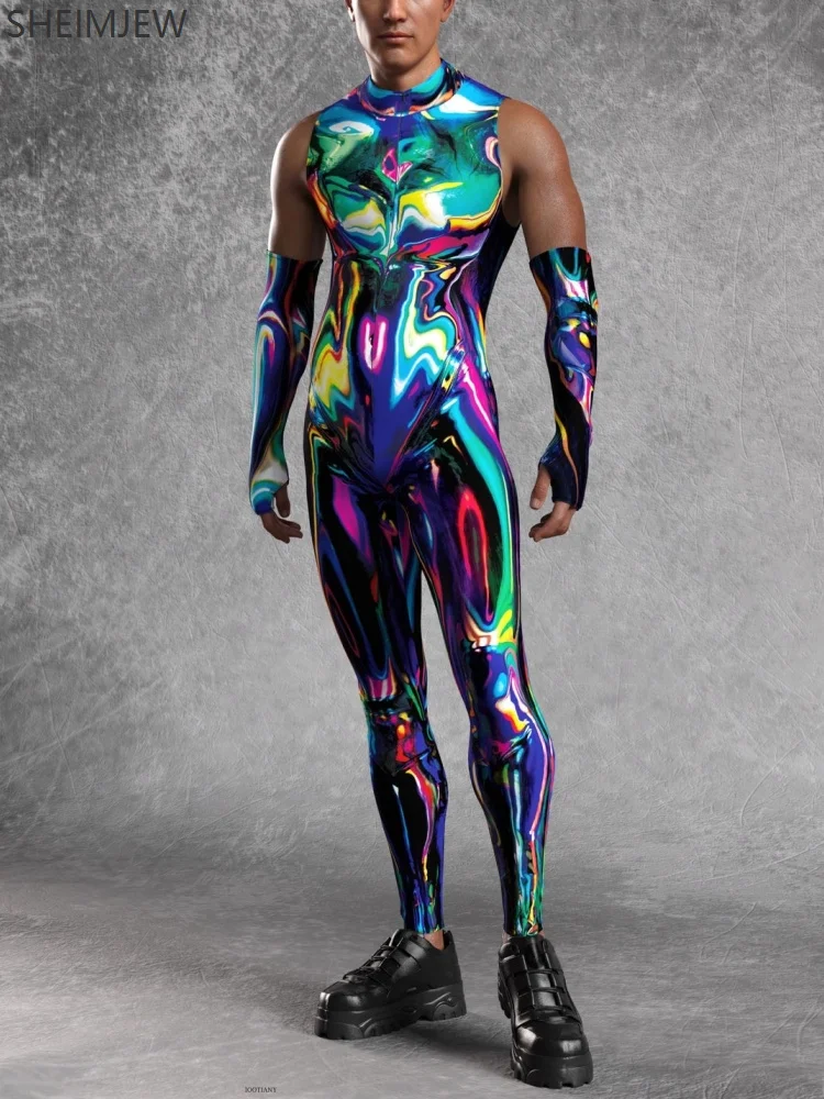 Multicolor Streamer Graffiti Jumpsuit Role Play Costume Boys Sexy Sleeveless Slim Stretch Tights Halloween Carnival Party Suit