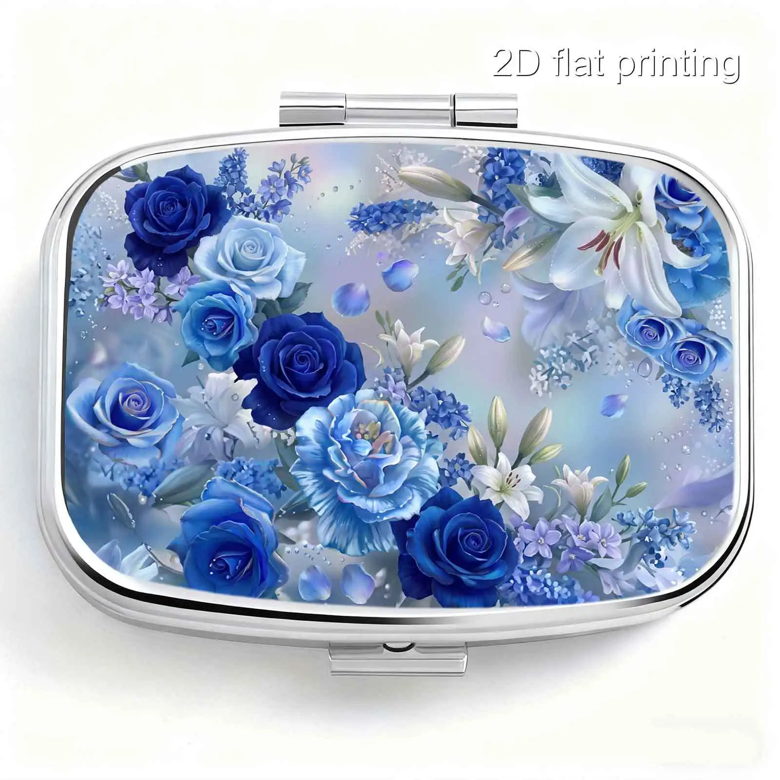 Flat Printing, Portable Mini Double-Compartment Pill Box, Clear Blue Rose and Lily Floral Print, Travel Medicine Storage Box, Sealed and Moisture-Proof, Capsule Vitamin Storage Box, Portable Small Pill Box