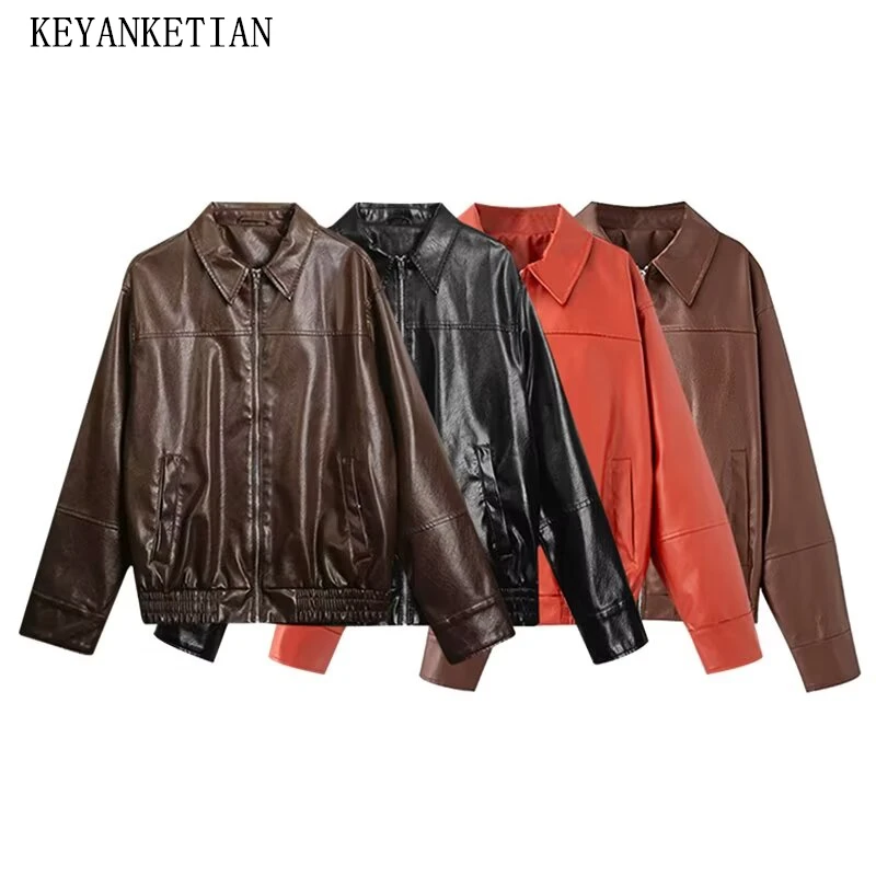

KEYANKETIAN Autumn New Women's Lapel Long Sleeved Front Zipper Faux Leather Pilot Jacket Women Windproof Jacket
