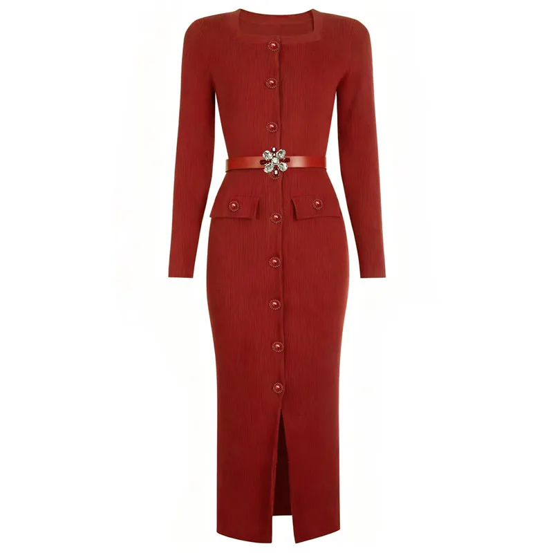 

Red Solid Women Knitting Cotton Dress Long Sleeve Square Collar Dress