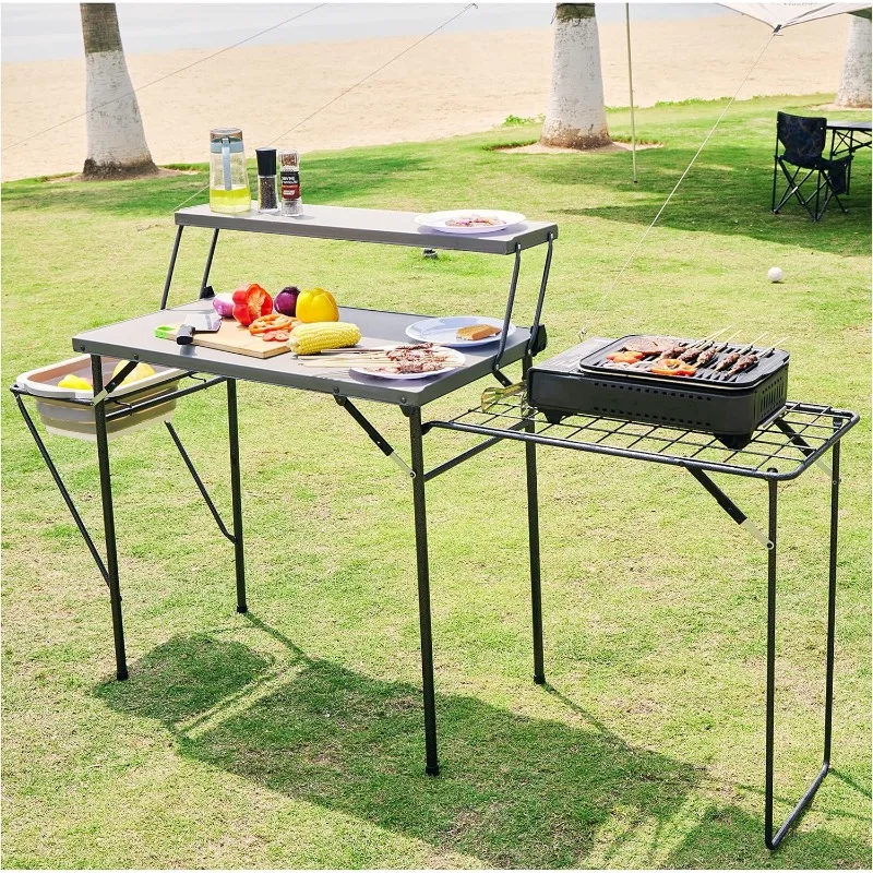 

Folding Grill Tables for Outside Camping, Lightweight Kitchen Camping Table with Grill Stand for Stove, Grey