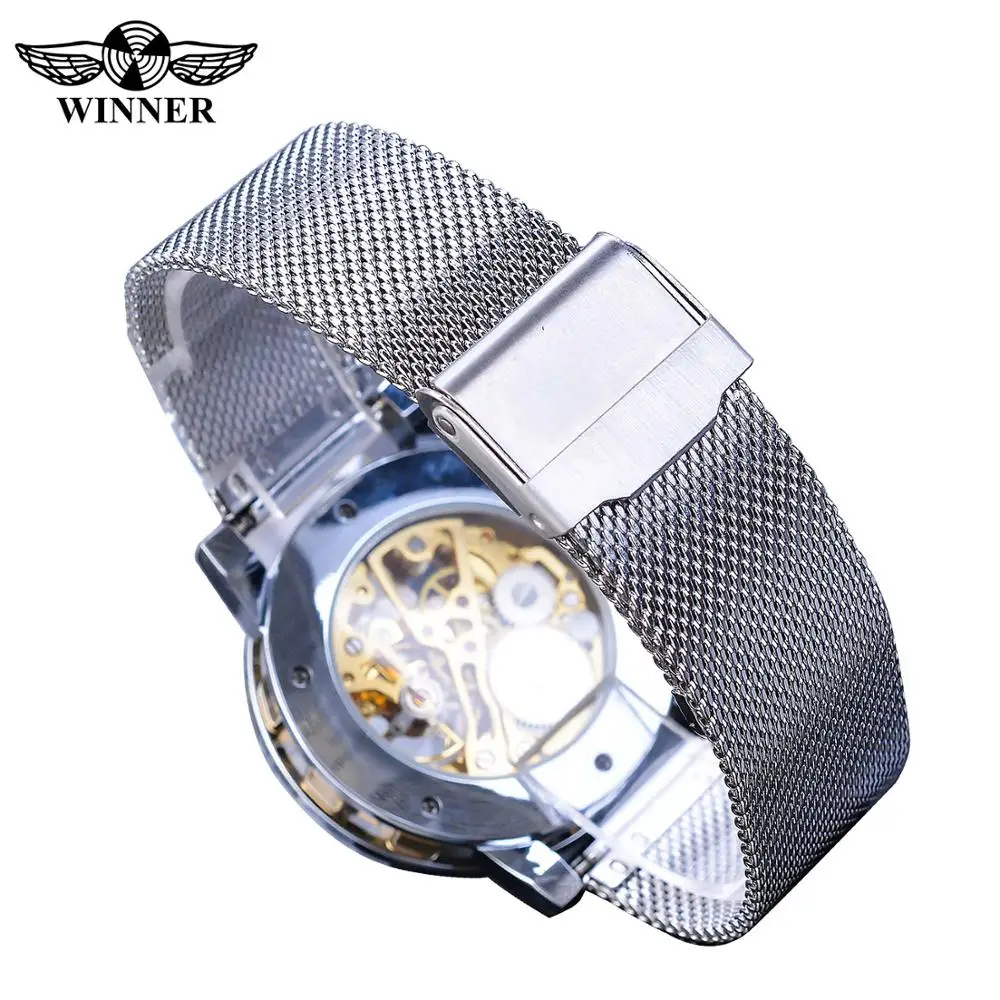 Winner Casual Mechanical Watches For Men Golden Roman Fashion Stainless Steel Belt Mesh Strap Wristwatch Clock Relogio Masculino