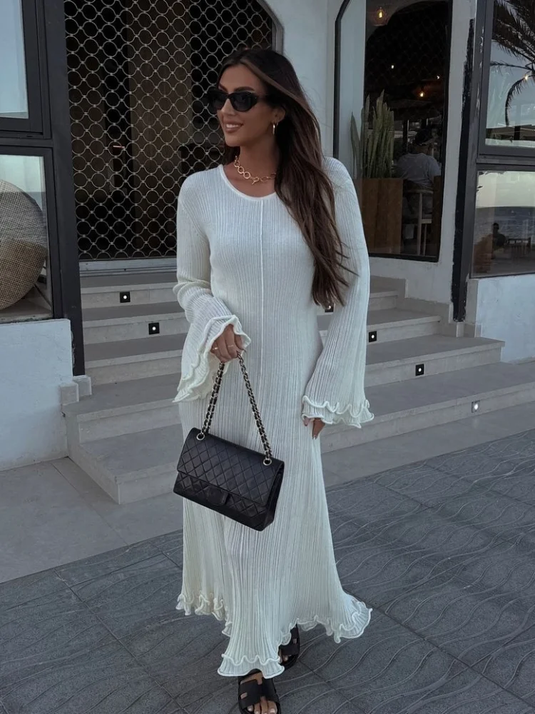 Fashion Solid Backless Lace-up Flare Sleeve Robes Elegant O-neck Ruffle Hem Knitted Maxi Dresses 2025 New Lady Holiday Vestidos