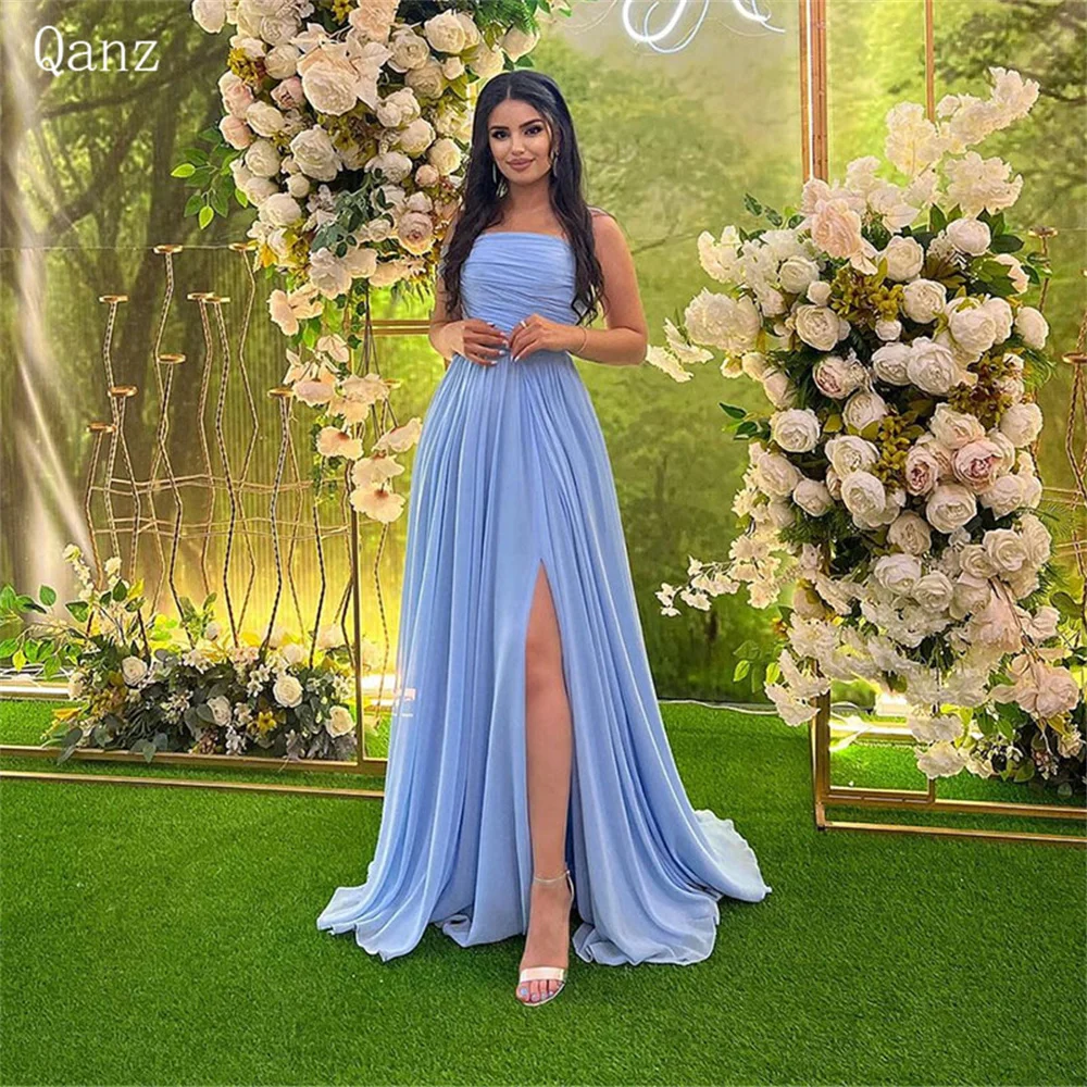 

Qazn Chiffon Pageant Dress for Women Sky Blue High Slit Floor Length Evening Dresses Strapless A Line Corset Dress Party Night