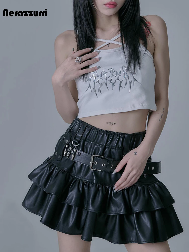 Nerazzurri Summer Autumn Soft Black Pu Leather Mini Pleated Tiered Skirt Women Short Cute Emo Luxury Designer Punk Style Clothes