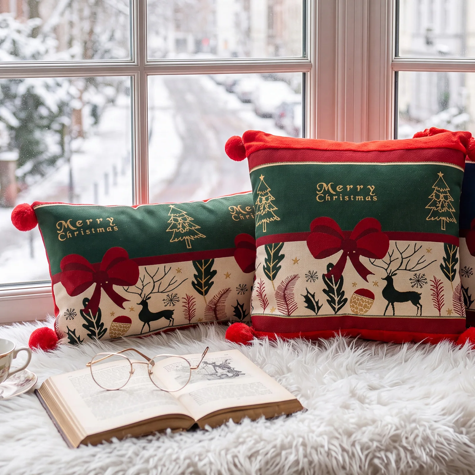Weihnachtsroter Jacquard-Kissenbezug mit Cartoon-Elch- und Schneeflocken-Motiv, Plüsch-Sofadekoration, Kissenbezüge 45x45cm – Detail 13