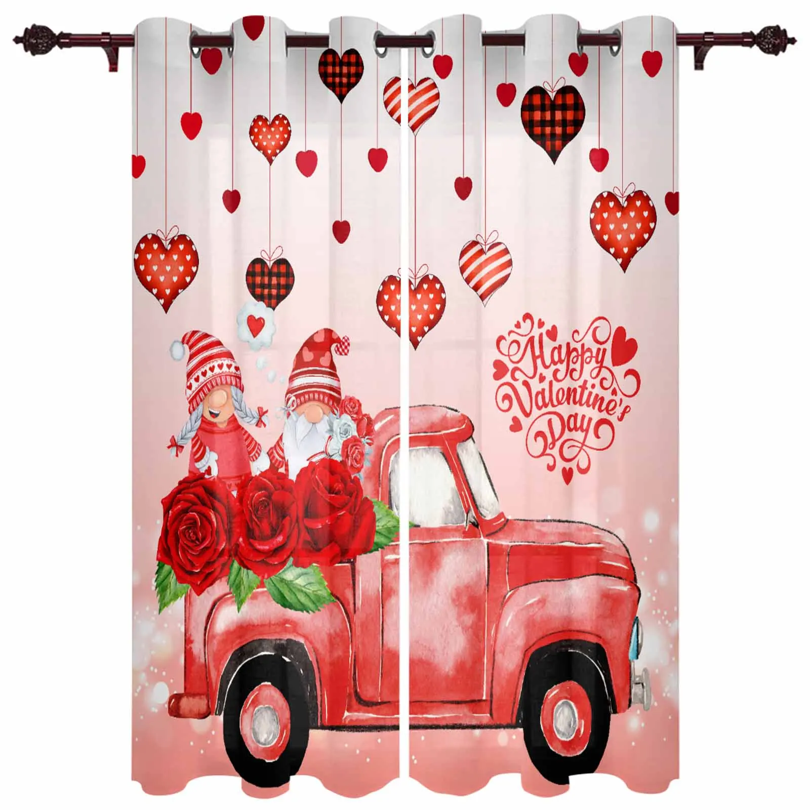 Valentine'S Day Love Red Car Rose Dwarf Grommet Curtains for Bedroom Living Room Home Decor Window Treatments Drapes