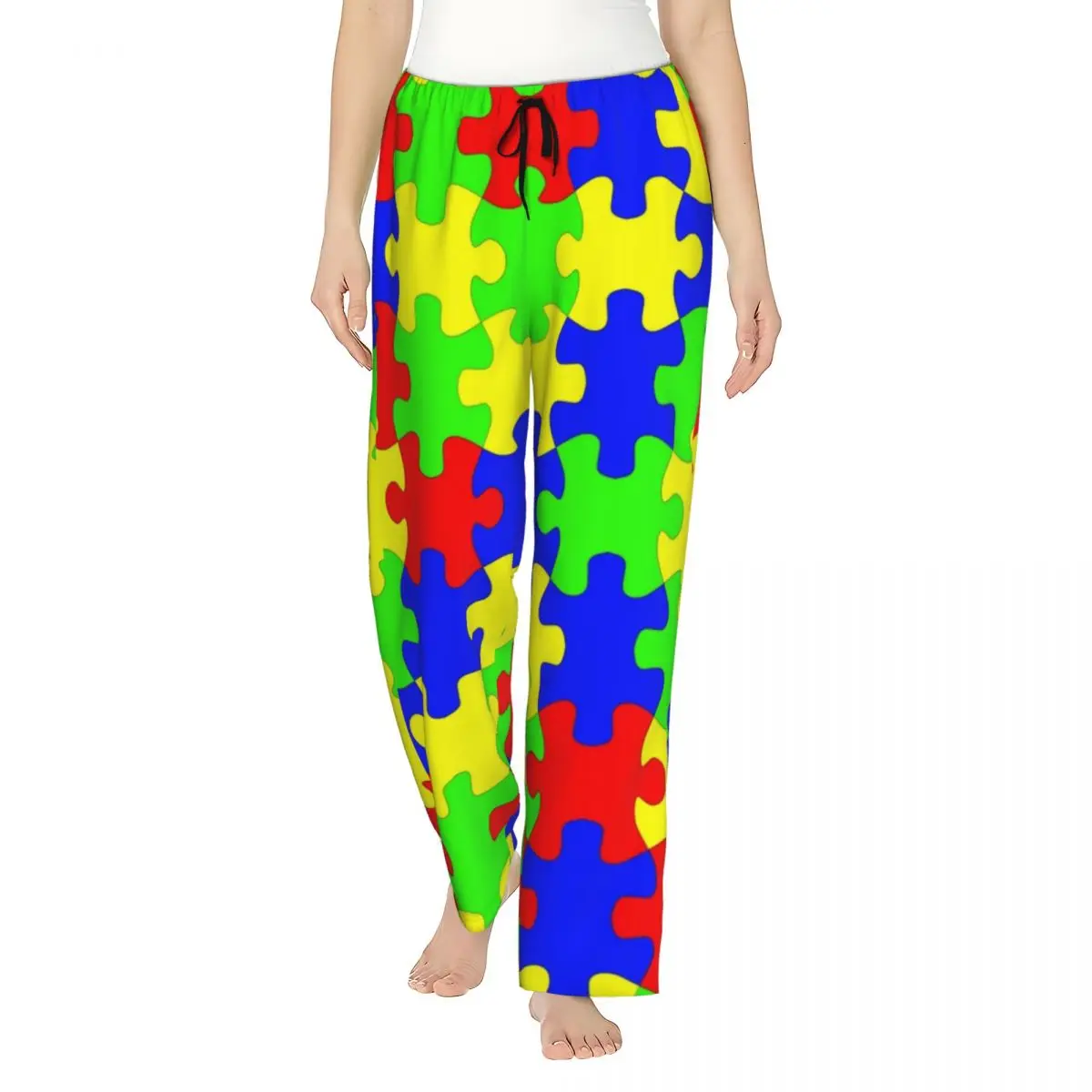 Custom Colorful Jigsaw Puzzles Autism Awareness Pajama Pants Sleepwear Women's Elastic Waistband Sleep Bottoms with Pockets