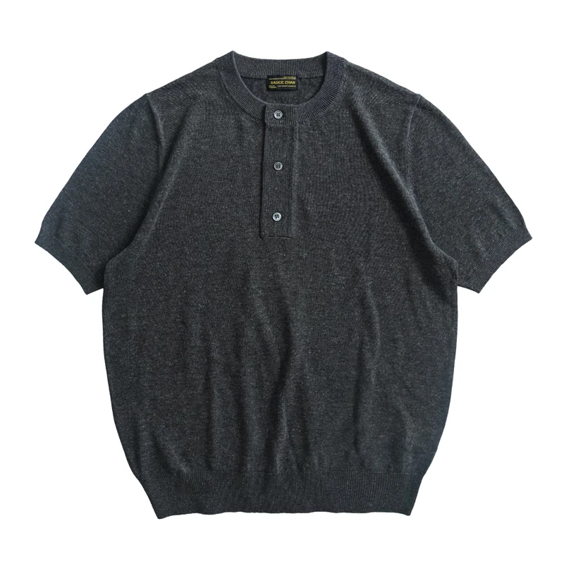 SAUCE ZHAN Men’s Summer Knit T-Shirt  Short Sleeve Tee Henry Collar Linen Blend Loose Fit