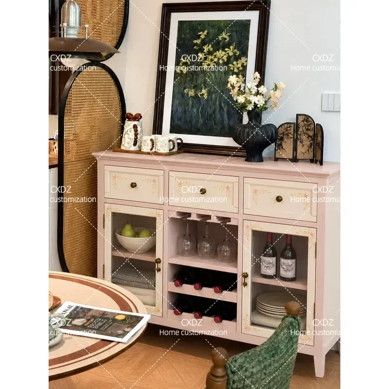 Retro Solid Wood Wine Cabinet Hand Painted Flower Coffee Table Red Wine Holder Household Dining Side Storage Cabinet Living