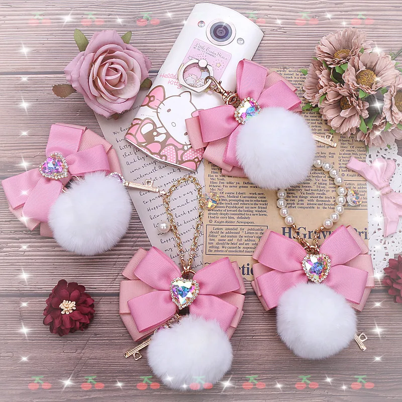 Y2k Lolita Bag Pendant Decor Accessories Imitation Pearl Bow Key Ring Ribbon Rhinestones Keychain Cute Accessary