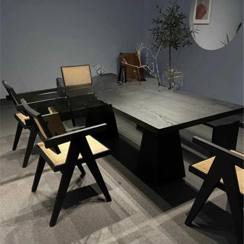 

Creative solid wood dining table dining chair simple black negotiation table tea log large board rectangular workbench