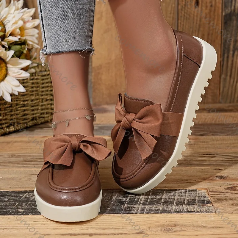 

Women's Bow Platform Loafers Slip-On Chunky Sole Sweet Casual Shoes Round Toe Fashion Ladies Pumps Anti-slip Zapatos De Mujer