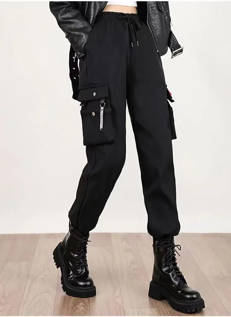 Nieuwe Vrouwen Cargo Broek Ins Harembroek Mode Punk Zakken Jogger Broek Met Ketting Harajuku Elastieken Hoge Taille Streetwear 32