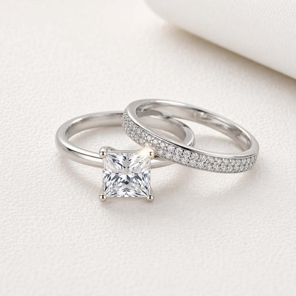 Women 925 Sterling Silver 2Pcs Princess Cut Moissanite Ring Set 4 Prong Engagement Ring with Pave Wedding Band GRA Certified Sta
