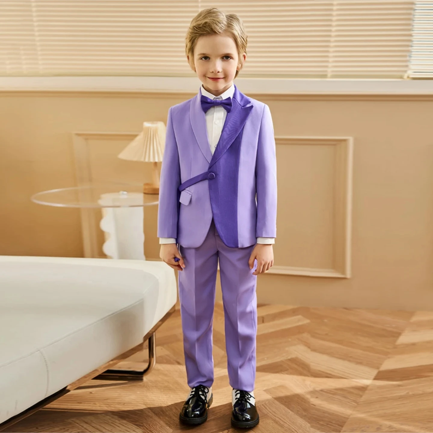 طقم بدلة مكون من قطعتين باللون الأرجواني الفاتح للأولاد بأكمام طويلة طقم بدلة رسمية وأنيقة لصفحة الزفاف طقم بدلة عيد ميلاد للأولاد #6