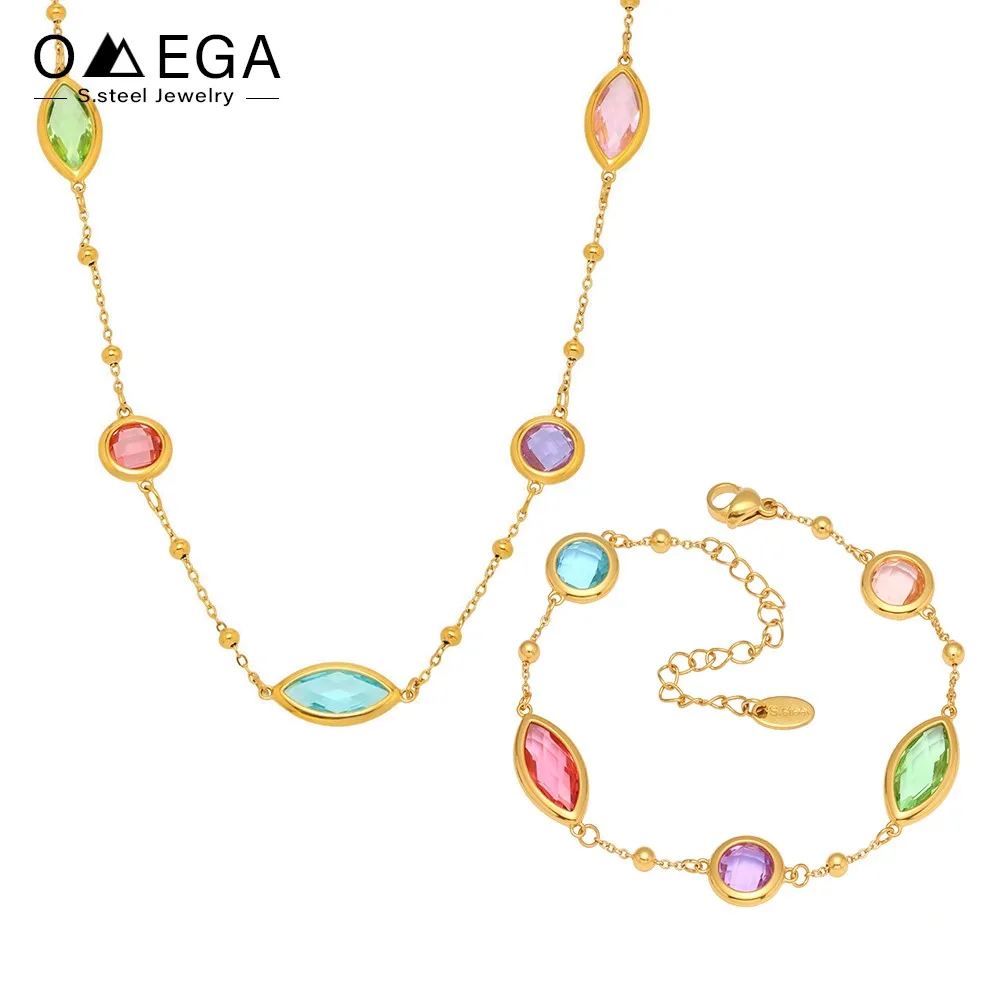Stainless Steel Chain Necklaces Bracelet For Women 18k Gold Plated With Colorful Faceted Czech Glass Crystal Necklace Bracelets